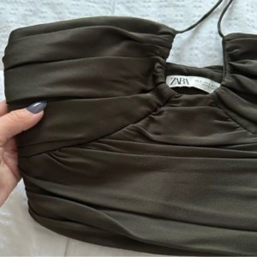 Zara NWT ruched satin halter top crop top — army green color only - Picture 3 of 8